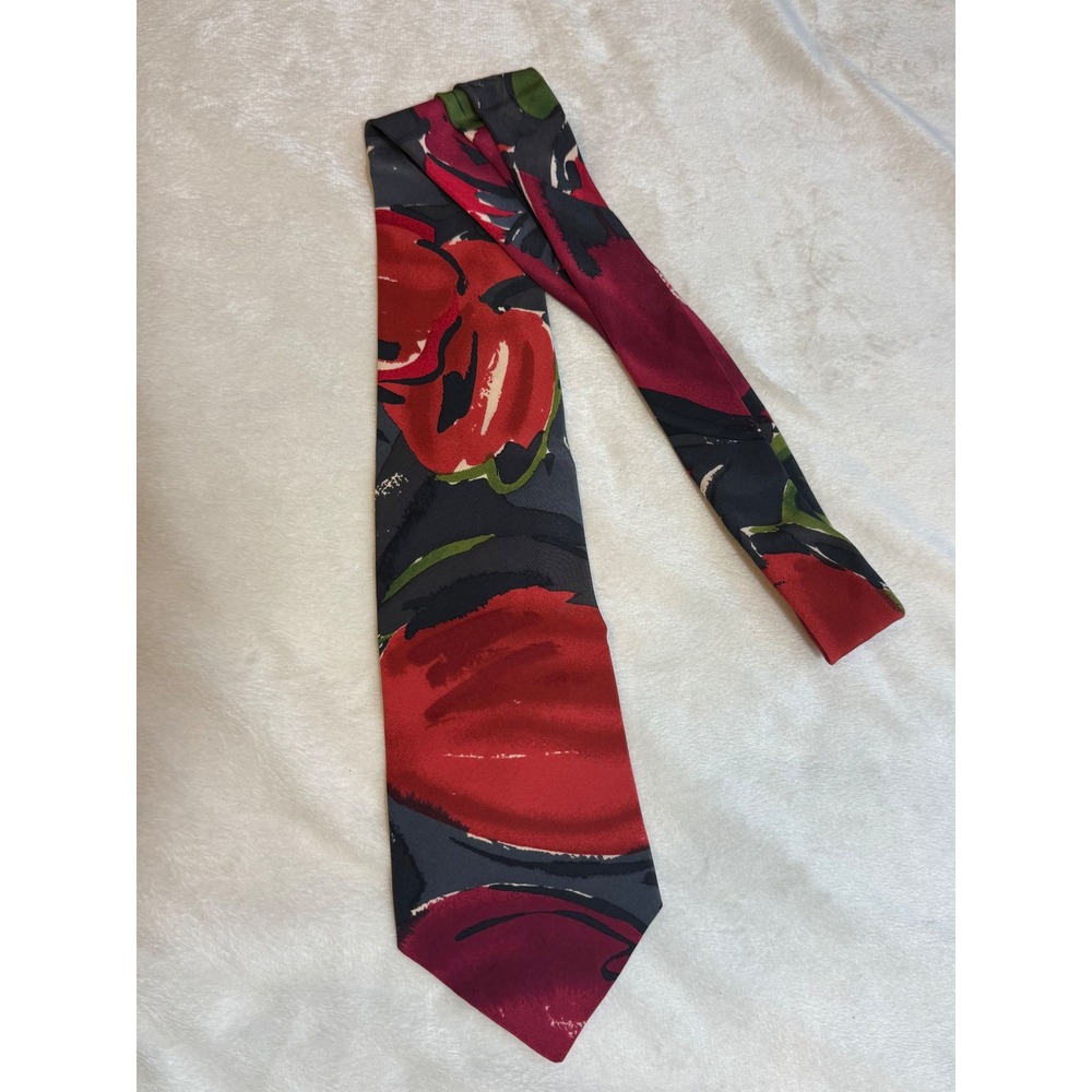 Henry Grethel Tie Men's Red Silk Floral Botanical 90s Retro Art Deco
